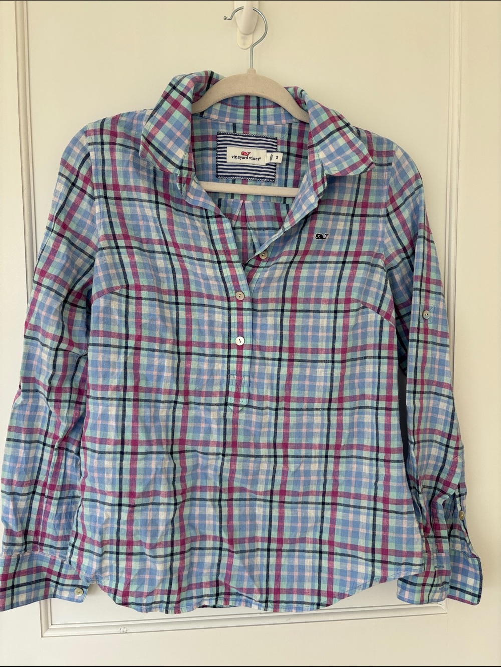 Vineyard Vines Plaid Linen Popover Shirt Light Blue, Pink & Navy -2